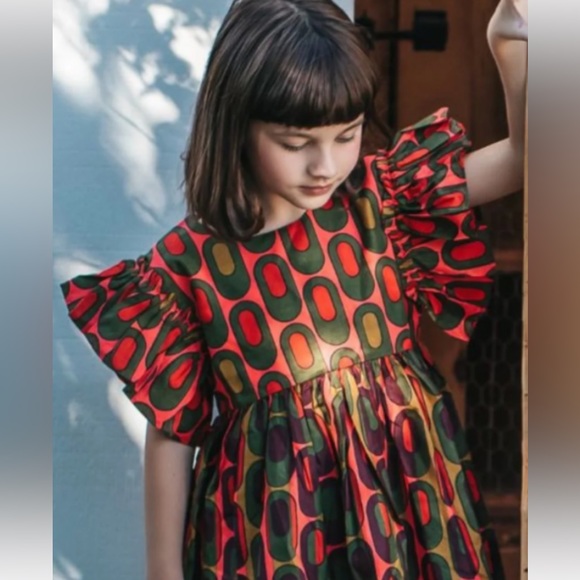 Elisamama size 8 Years Nigerian Green Red Print Ruffle Sleeve NWT Dress African - Picture 2 of 7